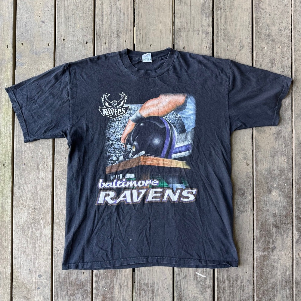 True Fan Baltimore Ravens T Shirt XL Black NFL Football Graphic Tee Vintage Y2K